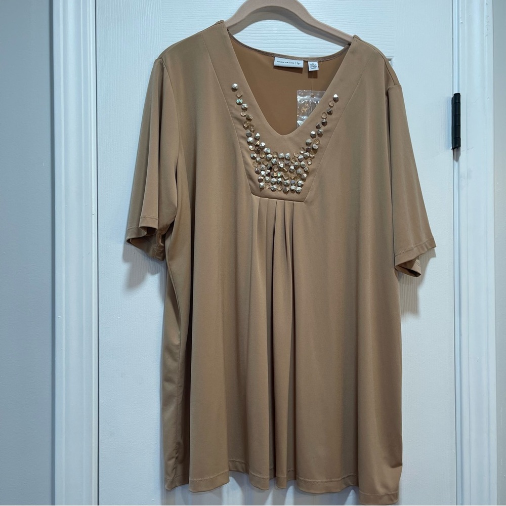 Susan Graver Brown Embellished Relaxed Blouse NWT